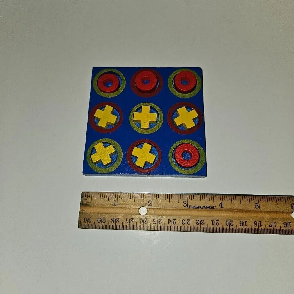 Small Wooden Tic Tac Toe Game Blue Red Yellow Devrian Travel COMPLETE
